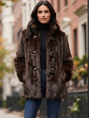 Bill Blass Signature Faux Fur Toggle Coat Brown Mink Style Size 6 Like New